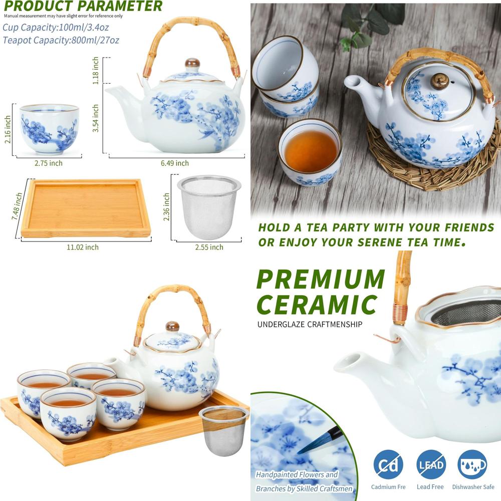 Bamboo Tea Tray - Blue and White Porcelain Japanese Tea