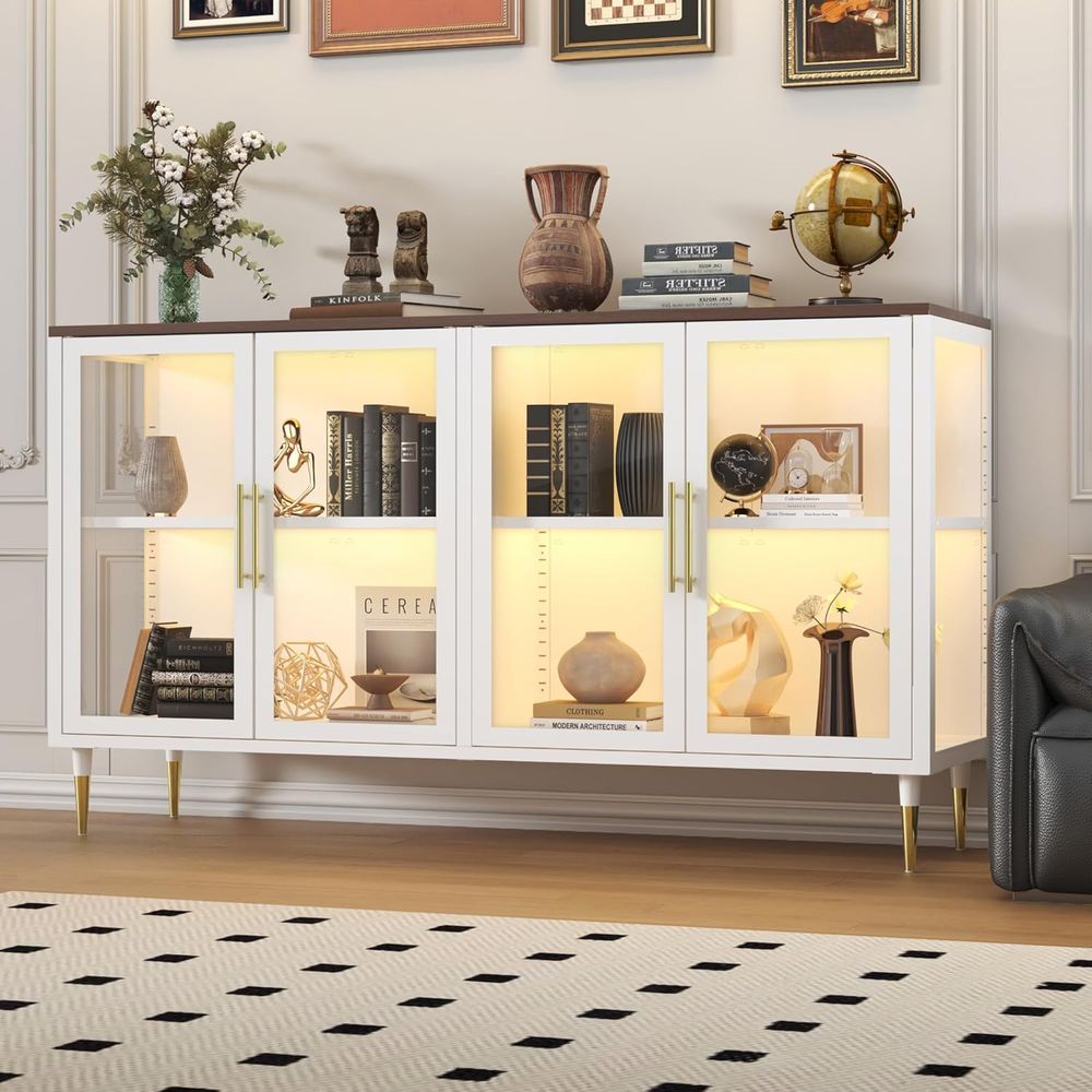 Coffee&Tea House Opinie - LED-Illuminated Glass Sideboard Cabinet, Metal &