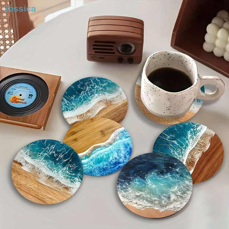 Tea Coffee Pot Set - ♥Ocean Wave & Wood Grain Coasters